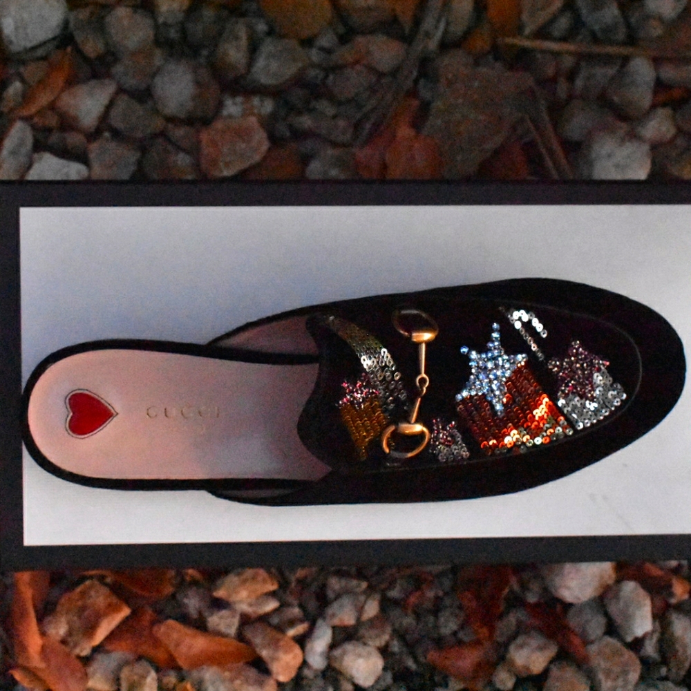 GUCCI Embellished Princetown Black Suede Mules